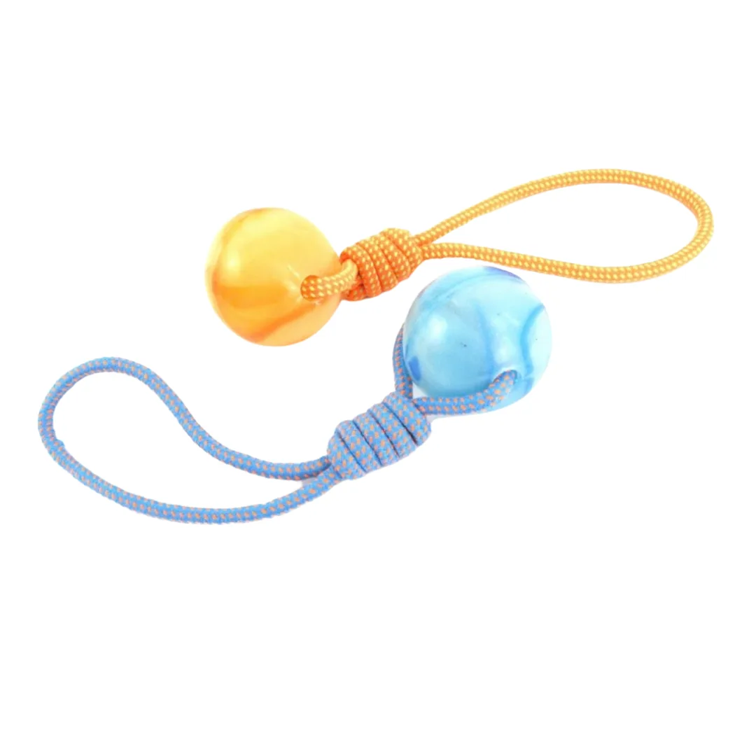 Dog toy, two-colour fluorescent ball on a cotton rope, 9 x 40 cm