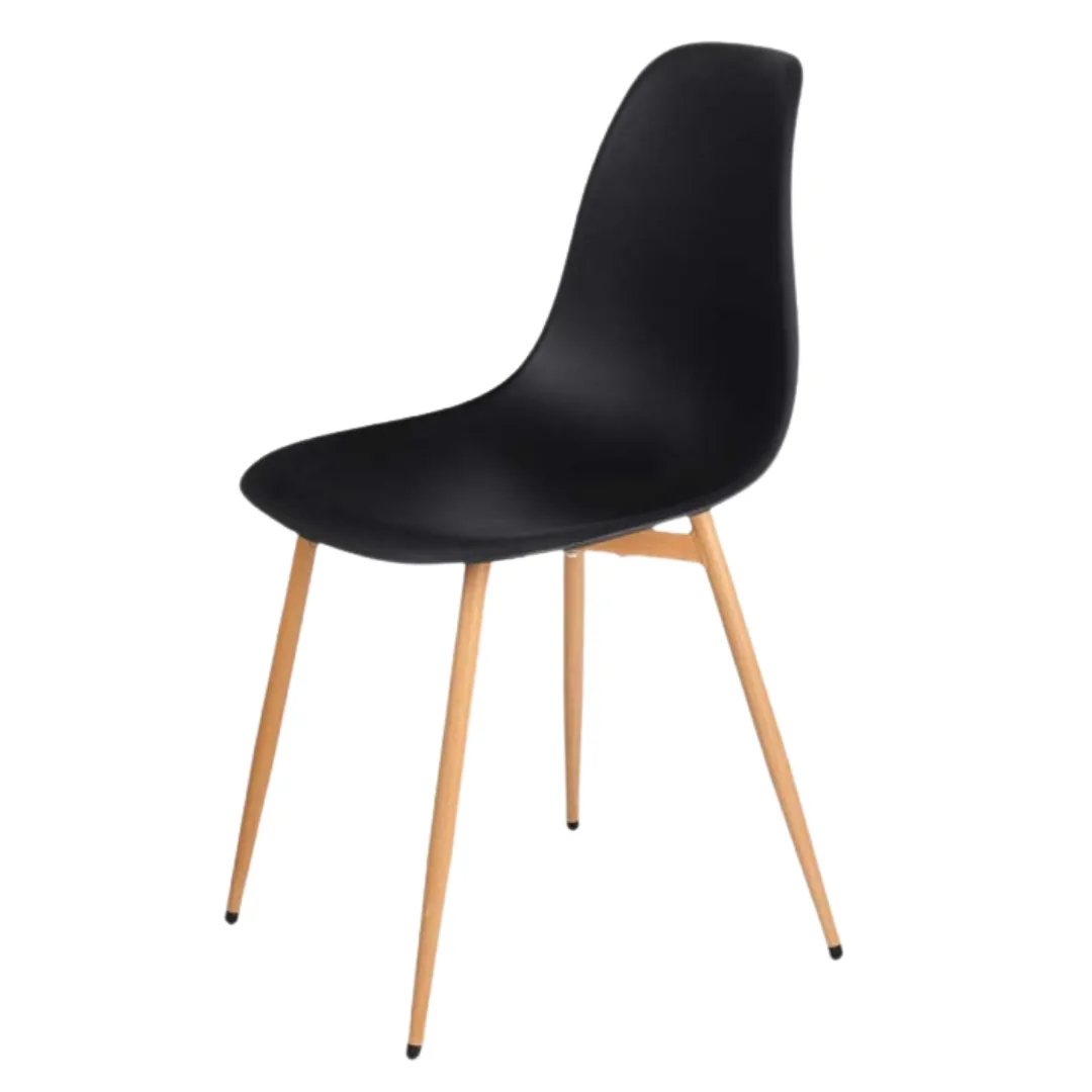 Wide black plastic chair with wooden legs