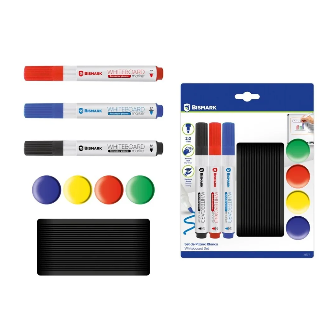Set of 3 whiteboard markers, 4 magnets and eraser
