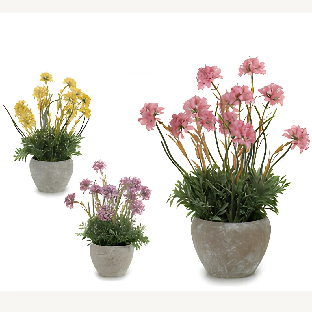 Artificial flower stems in cement pot, assorted