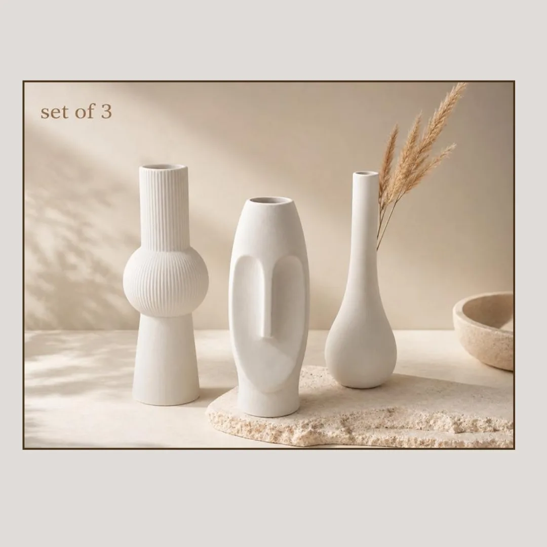White sand-finish ceramic vase, 7 x 22 cm, 3 assorted