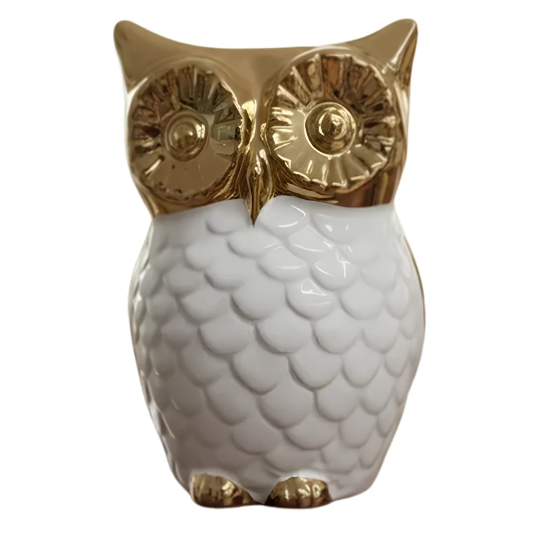 White and gold decorative owl, 9.5 x 9.5 x 14 cm