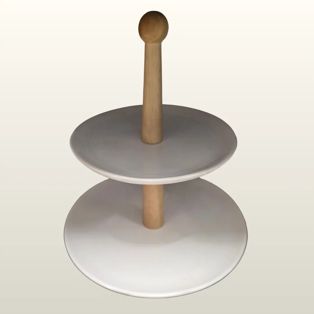 White ceramic double dish with bamboo